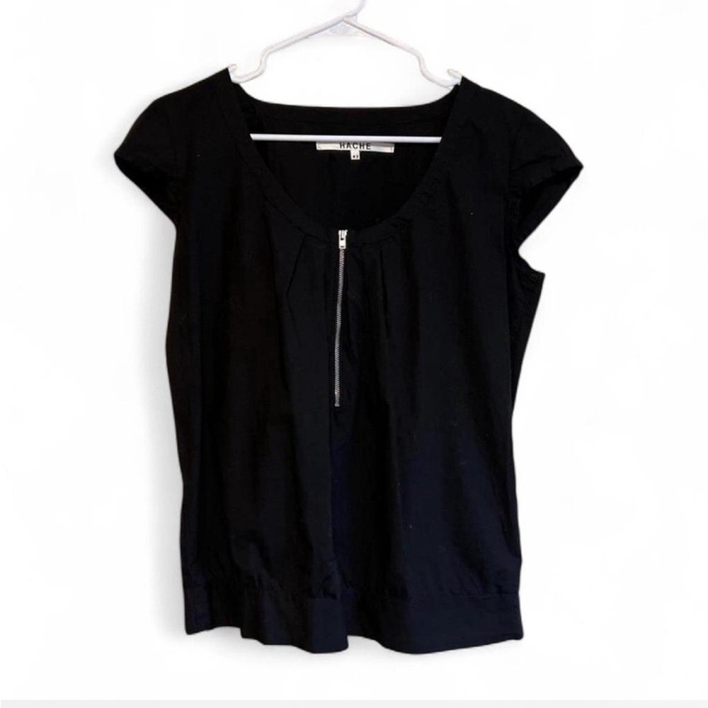 Hache Women Dark Academia Black Cap Sleeve Shirt Zip size 42 US 6/8 Whimsy Goth